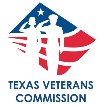 Texas Veterans Commission: Outline of male and female armed services members against a red, white, and blue background